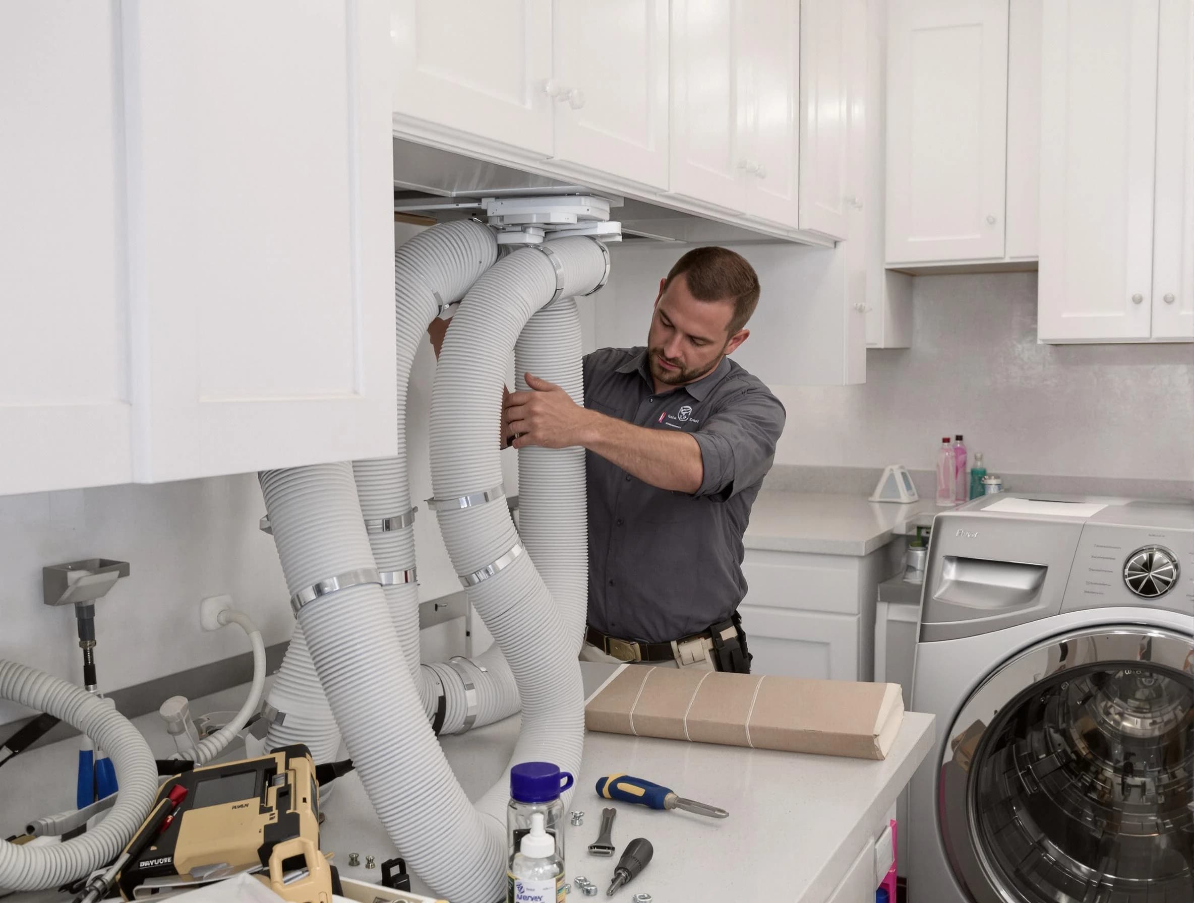 El Monte Dryer Vent Cleaning technician installing a new professional-grade dryer vent hose in El Monte