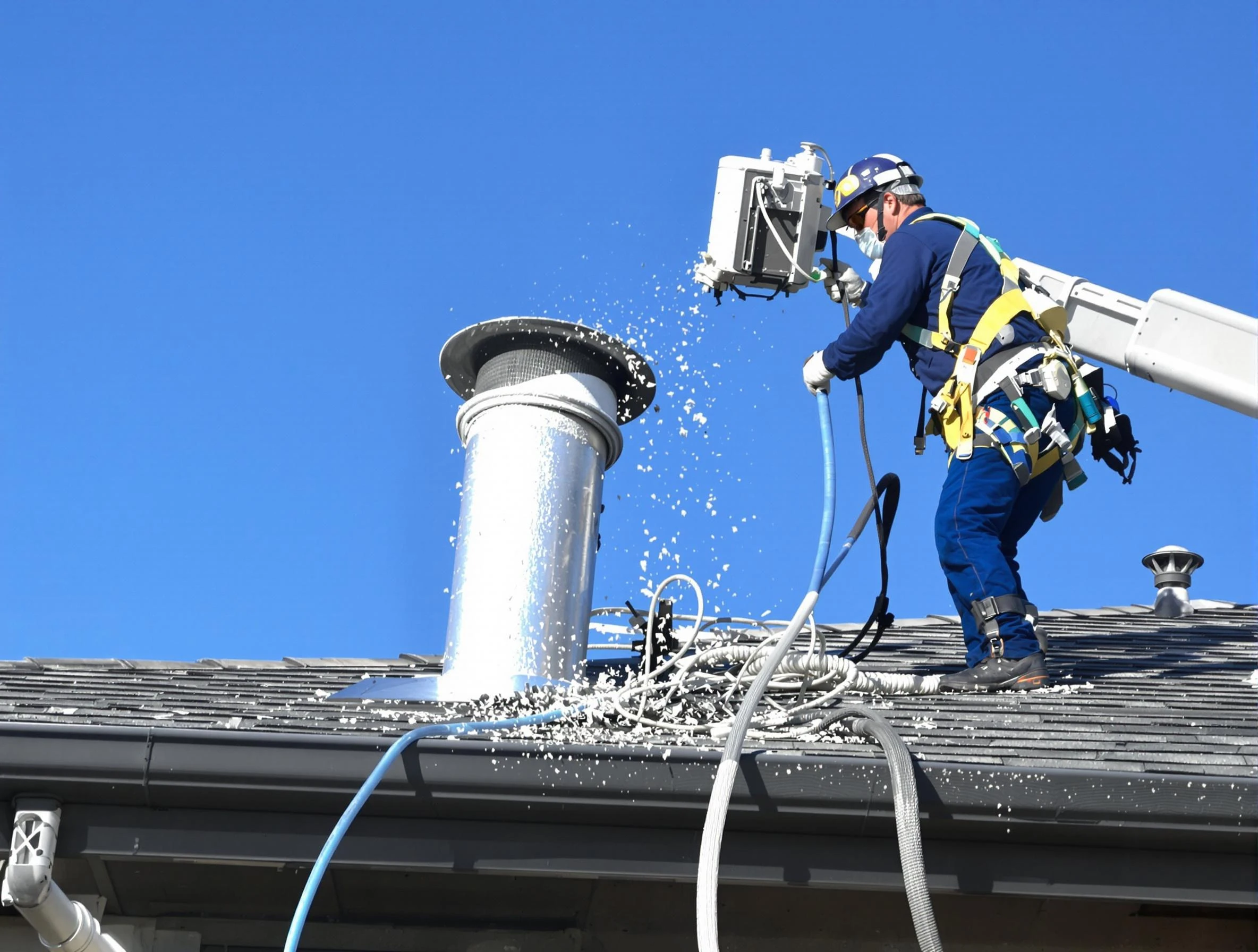 El Monte Dryer Vent Cleaning certified technician safely cleaning a roof-mounted dryer vent in El Monte