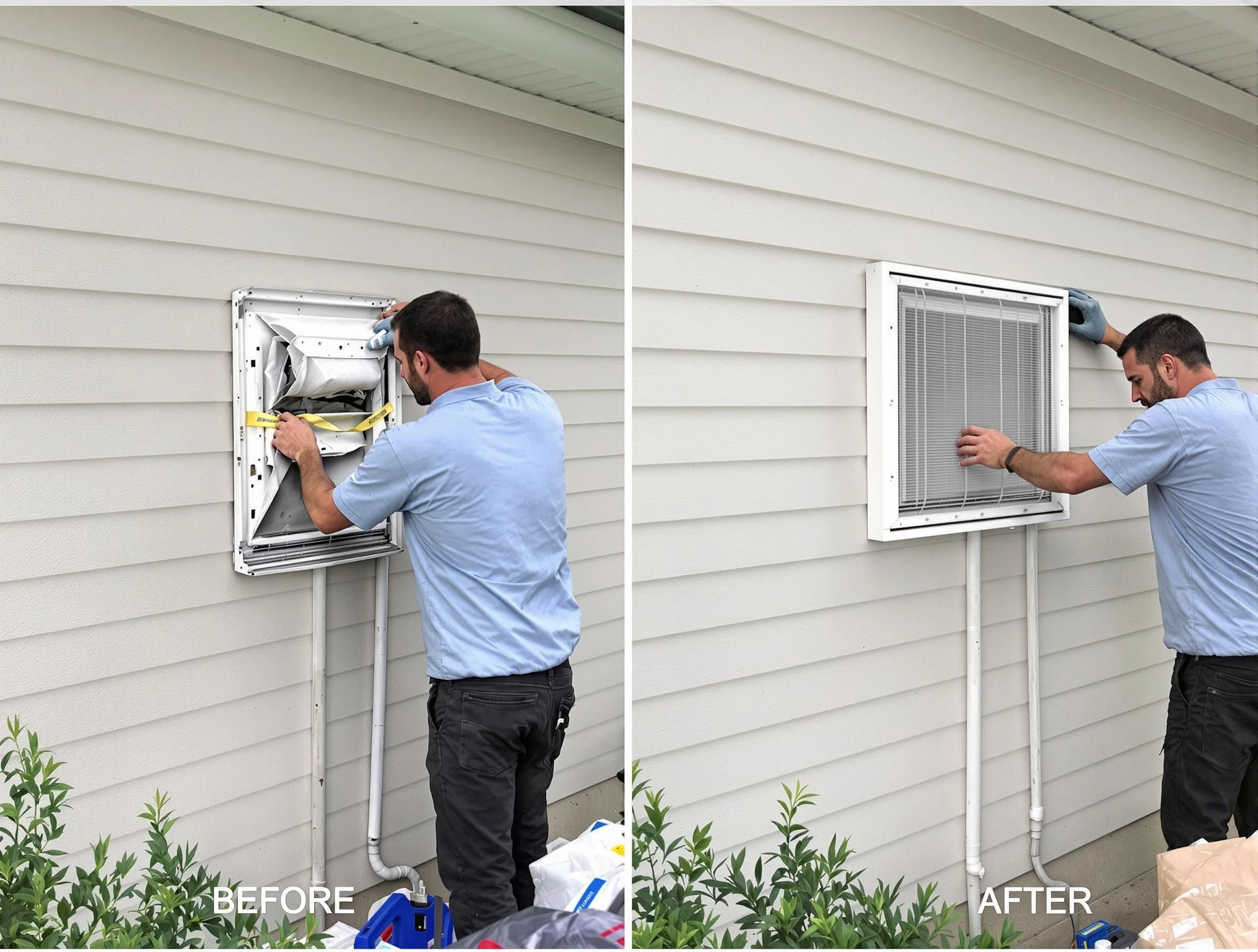 El Monte Dryer Vent Cleaning technician installing high-quality dryer vent cover at a residential property in El Monte